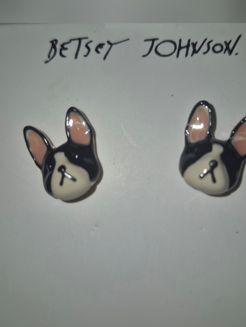 New! Betsey Johnson Black, Cream & Pink French Bulldog Dog Stud Earrings